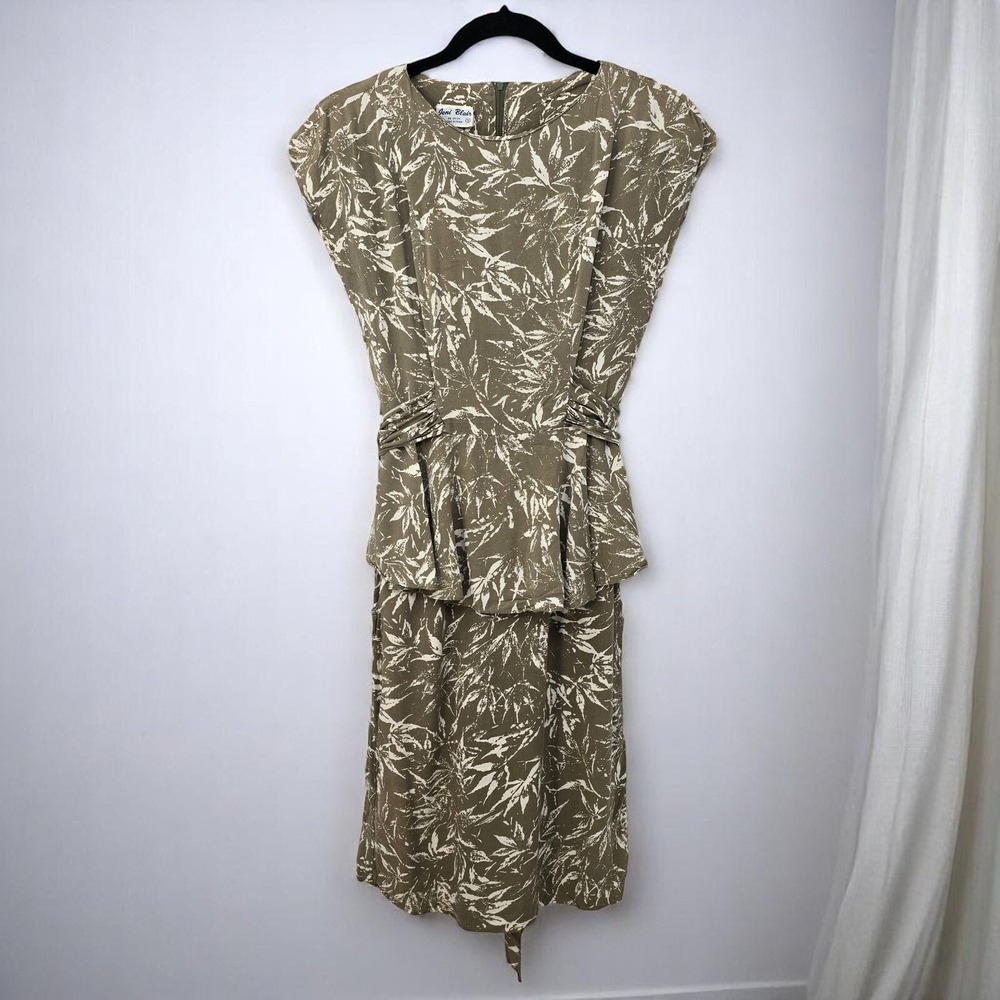 VTG Joni Blair Vintage Peplum Dress Woman Size 5 Leaf‎ Print Ruched Waist Midi